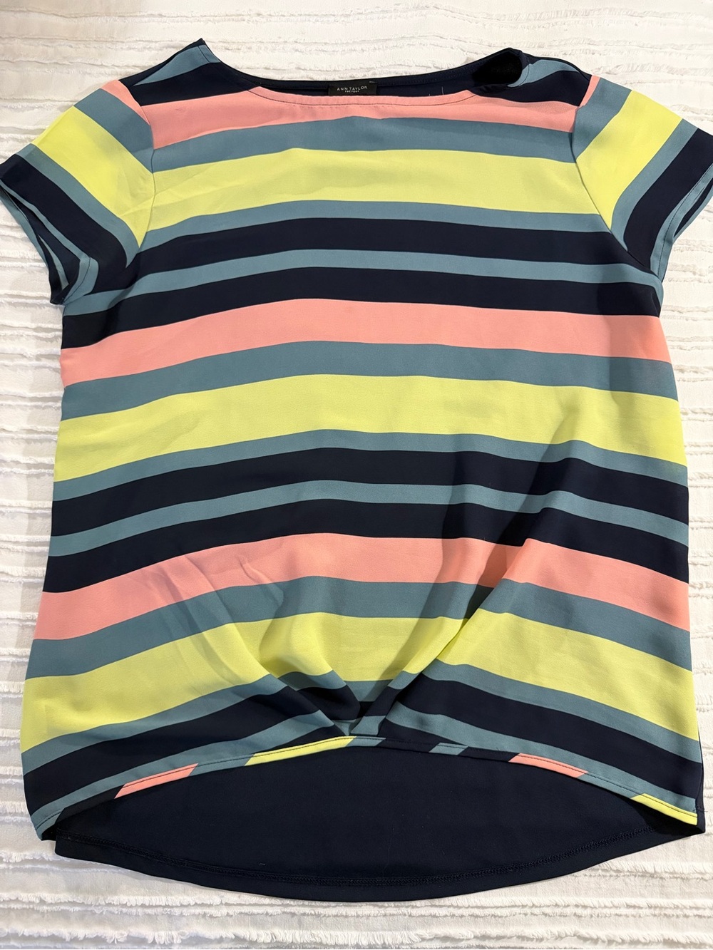 Ann Taylor Striped Twist Front Top in Navy, Coral, Yellow & Bright Green Medium